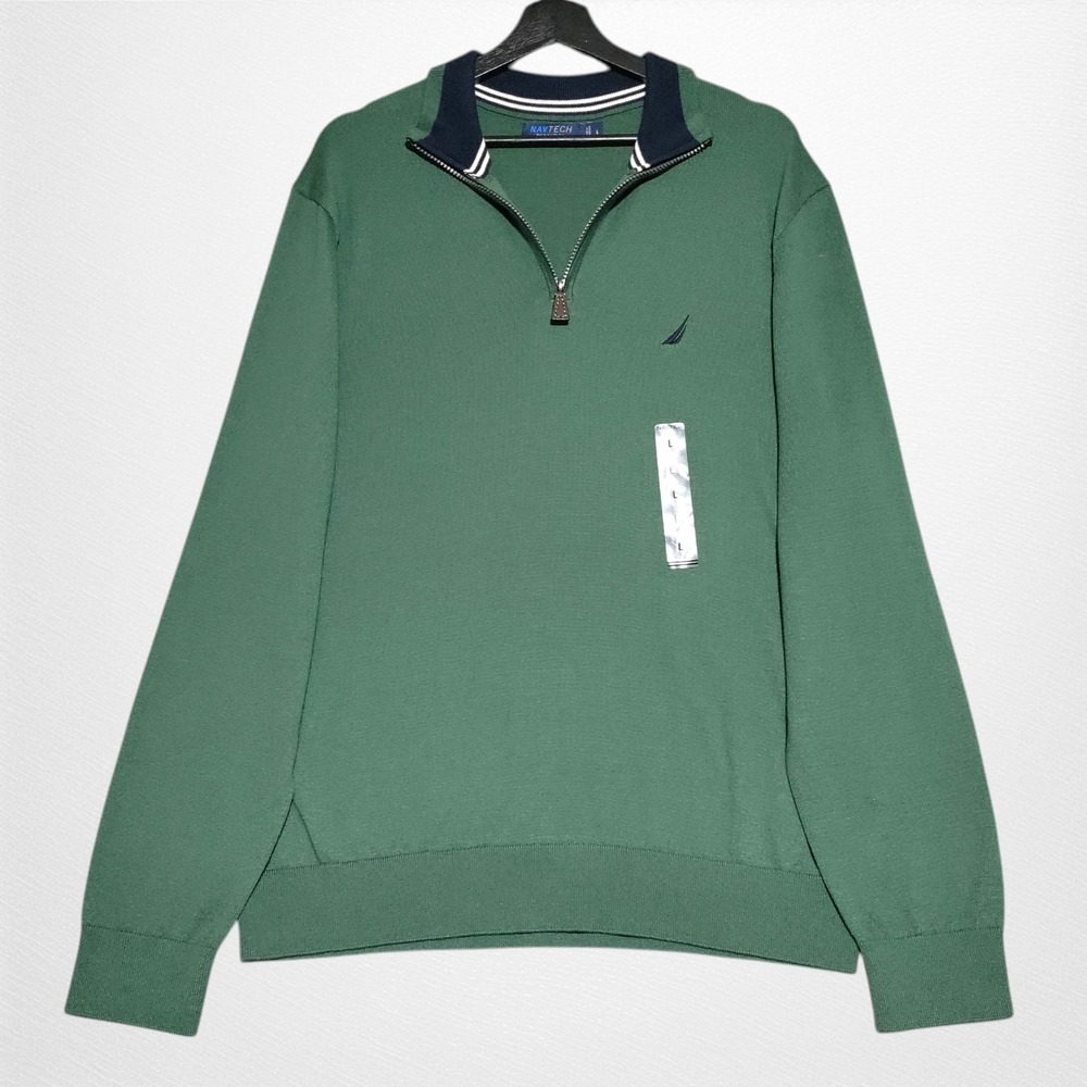 Nautica NAVTECH Sweater Mens Large Quarter Zip Pullover Green‎ Cotton Blend NWOT
